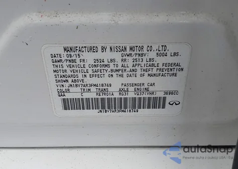 2015 Infiniti Q50 Premium from USA, damaged, VIN JN1BV7AR3FM418749